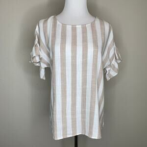 Stripe Ruffle Tan Cream Blouse Sz Large Curve Hem